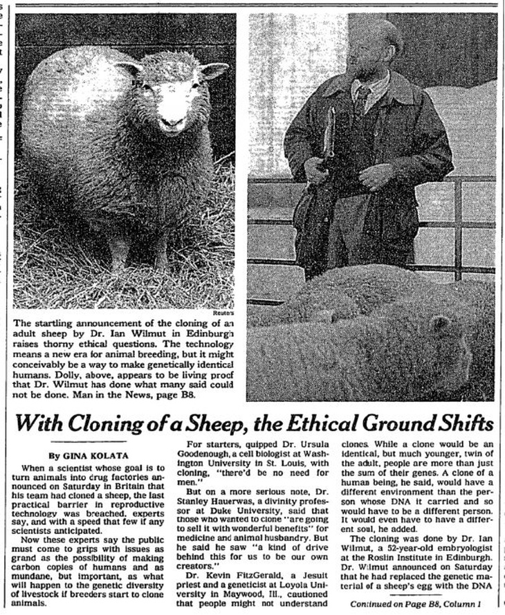 Bài báo năm 1997 của New York Times về vấn đề đạo đức của kỹ thuật nhân bản vô tính.