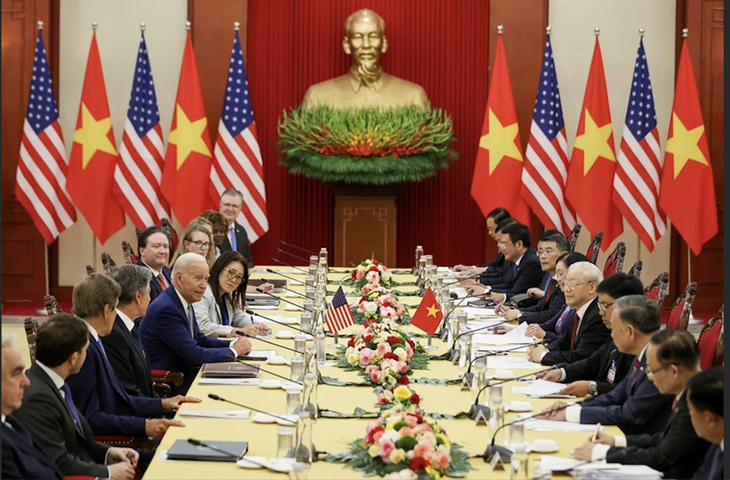 Hội đàm giữa Tổng bí thư Nguyễn Phú Trọng và Tổng thống Mỹ Joe Biden chiều 10-9 - Ảnh: HẢI HUY