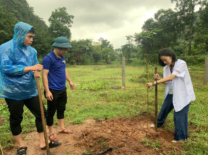 Nhóm học sinh thuộc dự án Green Era triển khai trồng cây rừng bản địa như lim, sến vào rừng tự nhiên tại Khu bảo tồn thiên nhiên Đakrông chiều 24-10 - Ảnh: L.Q.H