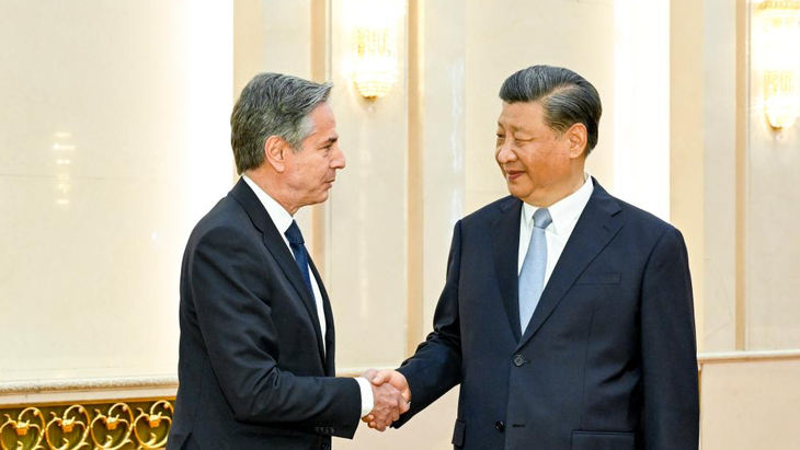Ngoại trưởng Mỹ Antony Blinken gặp Chủ tịch Trung Quốc Tập Cận Bình khi đến thăm Bắc Kinh vào ngày 19-6-2023 - Ảnh: CGTN/TÂN HOA XÃ