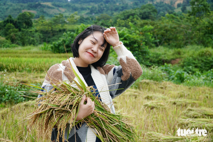 Bạn Thu Hà (quận Tây Hồ, Hà Nội) thích thú check-in cùng bó lúa mà mình mới tự tay gặt - Ảnh: NGUYỄN HIỀN