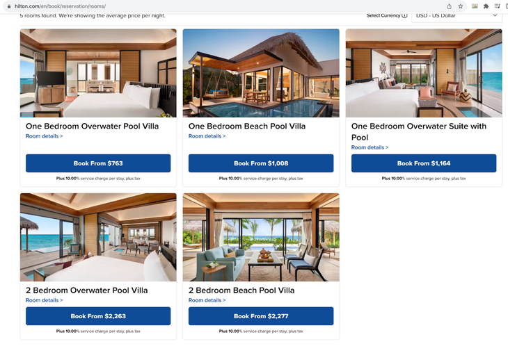 Giá thuê các căn biệt thự tại Hilton Maldives Amingiri Resort & Spa có thể lên đến vài nghìn USD mỗi đêm.