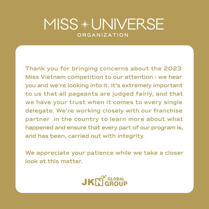 Thông báo của Miss Universe trên fanpage chính thức của cuộc thi - Ảnh: Fanpage Miss Universe