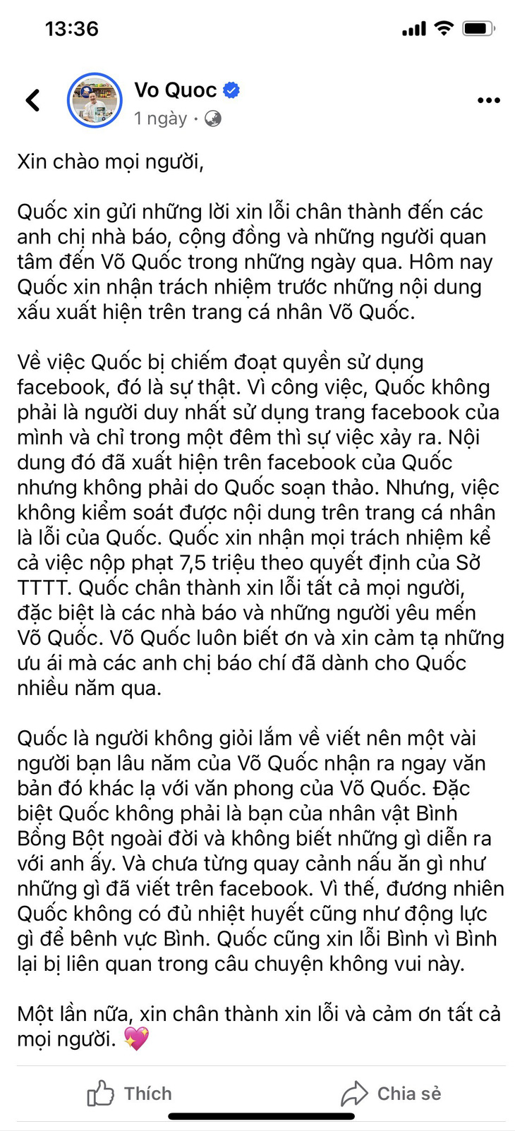 Nội dung bài xin lỗi đăng trên tài khoản facebook Vo Quoc sau khi ông Võ Đình Quốc bị phạt 7.5 triệu đồng- Ảnh chụp màn hình.