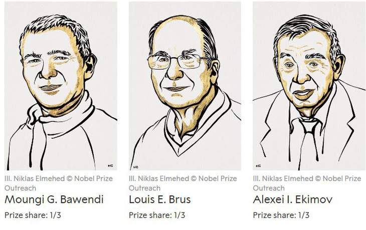 Chủ nhân giải Nobel Hóa học năm 2023: Moungi Bawendi, Louis Brus và Alexei Ekimov - Ảnh: NOBEL PRIZE