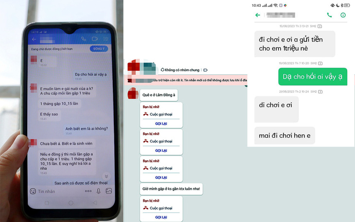 Những tin nhắn từ số lạ liên tục mồi chài sinh viên làm “gái nuôi” - Ảnh: HÀ GIANG