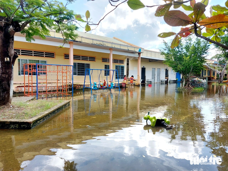 Một góc sân Trường tiểu học Đông Thái 1 (xã Đông Thái) bị ngập nước do mưa kéo dài và triều cường mấy ngày qua - Ảnh: CHÍ CÔNG