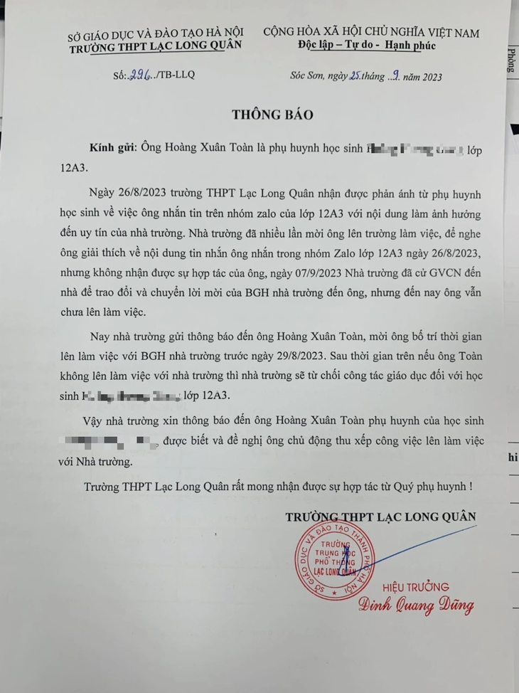 Thông báo của Trường THPT Lạc Long Quân, huyện Sóc Sơn, Hà Nội gửi ông Toàn - Ảnh: Phụ huynh cung cấp