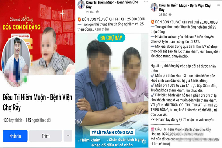 Giao diện và các thông tin quảng cáo trên trang Facebook “Điều trị hiếm muộn - Bệnh viện Chợ Rẫy” - Ảnh: T.H. chụp lại