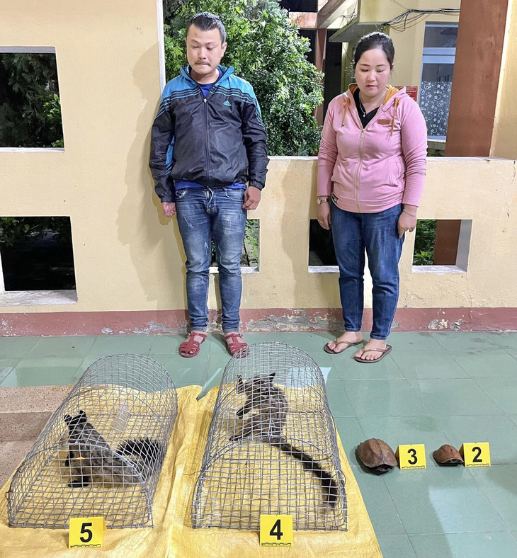 Hoài và Chiến bị bắt quả tang mua bán động vật hoang dã quý hiếm - Ảnh: Công an huyện Tây Giang