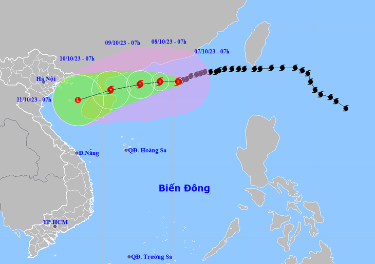 Vị trí và hướng di chuyển bão số 4 lúc 7h sáng 7-10 - Ảnh: NCHMF