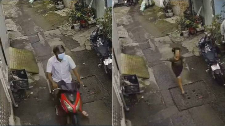 Camera ghi lại hình ảnh bé trai chạy bộ đuổi theo người đàn ông chạy xe máy trong hẻm - Ảnh cắt từ video