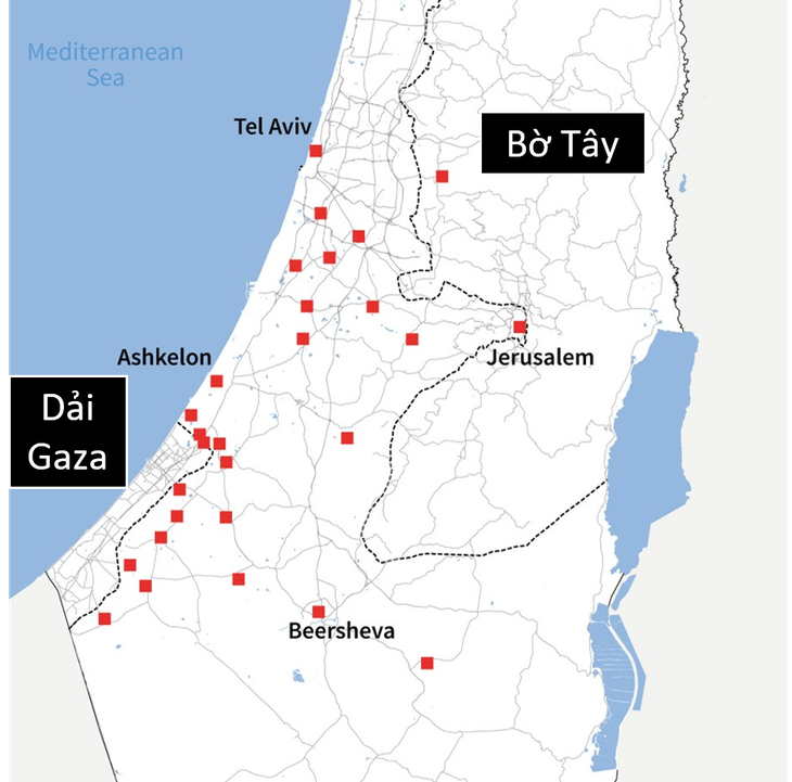 Các địa điểm trúng tên lửa của Hamas, ngày 7-10 - Ảnh: AFP