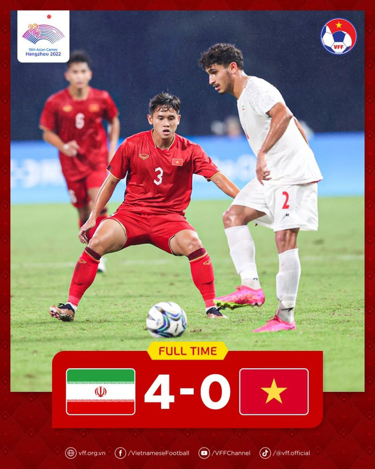 Olympic Việt Nam (áo đỏ) trong trận thua Olympic Iran 0-4 - Ảnh: VFF