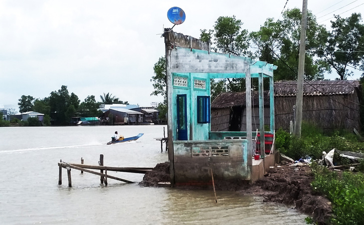 Nhiều nhà dân ở Cà Mau sụp xuống sông trước khi được di dời - Ảnh: THANH HUYỀN