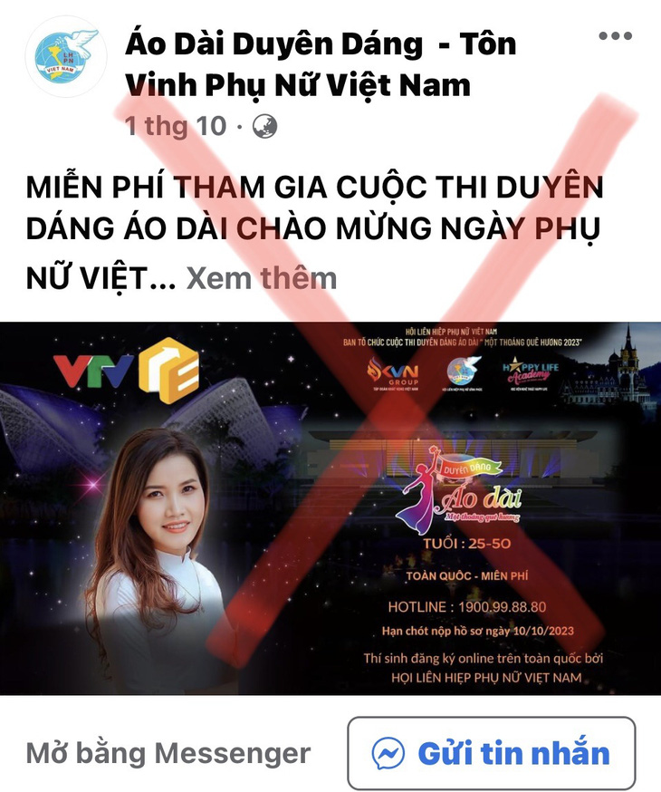 Một fanpage lấy logo Hội Liên hiệp phụ nữ Việt Nam làm ảnh đại diện kêu gọi thi áo dài để lừa đảo - Ảnh chụp màn hình