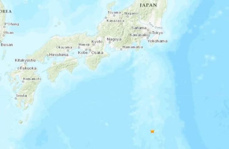 Nhật Bản phát cảnh báo sóng thần sau khi ghi nhận động đất gần đảo Torishima lúc 5h25 sáng 9-10 (giờ địa phương) - Ảnh: USGS