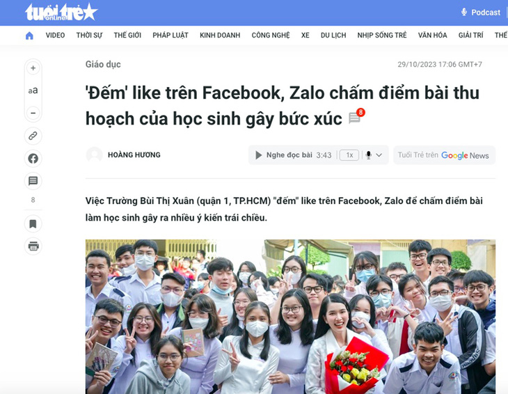 Việc Trường THPT Bùi Thị Xuân (quận 1, TP.HCM) “đếm” like trên Facebook, Zalo để chấm điểm bài làm học sinh gây ra nhiều ý kiến trái chiều - Ảnh chụp màn hình