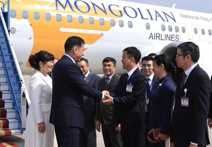 Tổng thống Mông Cổ bắt tay các quan chức Việt Nam đang chờ đón đoàn - Ảnh: TTXVN