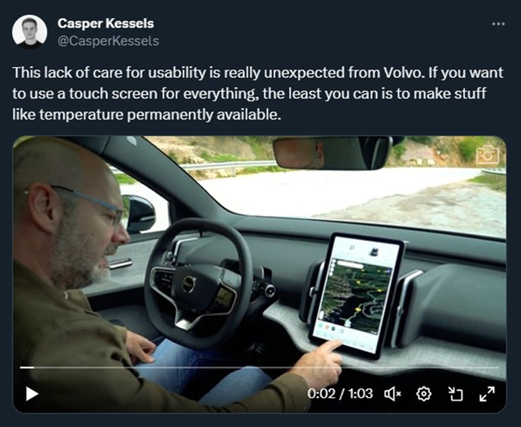 Automobile designer Caspar Kessels has shared a video of Autocar UK's editor-in-chief struggling to find how to turn on the fog lights on a Volvo EX30 – screenshot