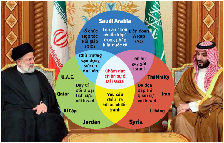 Sơ đồ phác thảo lập trường của cả ba nhóm: cân bằng (trên), chủ hòa (trái) và chủ chiến (phải) tại Hội nghị Thượng đỉnh Ả Rập - Hồi giáo ngày 11-11 - Ảnh: Reuters - Dữ liệu: LỤC MINH TUẤN - Đồ họa: N.KH.