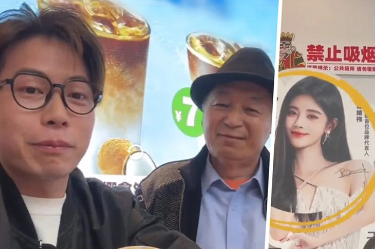 Tấm pano ca sĩ Ju Jingyi trong quán cà phê đã truyền cảm hứng cho một ông nội ở Trung Quốc tặng cháu trai 13.700 USD nếu chịu lấy vợ sớm - Ảnh: SCMP tổng hợp/Weibo
