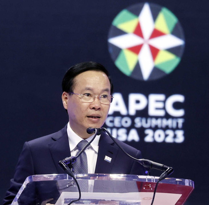 Chủ tịch nước Võ Văn Thưởng phát biểu tại Hội nghị thượng đỉnh doanh nghiệp APEC - Ảnh: TTXVN