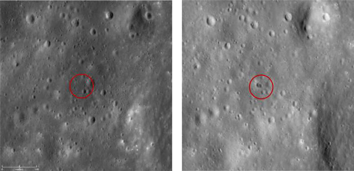 Sections of lunar terrain about 500 meters long taken by LRO show the impact site and twin craters formed by Chang'e 5-T1 R/B - Photo: NASA