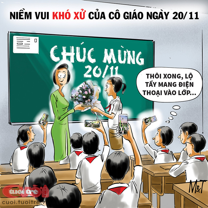 Niềm vui khó xử của cô giáo trong ngày 20-11 - Tranh: Đỗ Minh Tuấn 