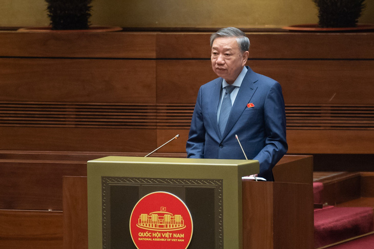 Bộ trưởng Bộ Công an Tô Lâm phát biểu trước Quốc hội sáng 21-11 - Ảnh: GIA HÂN