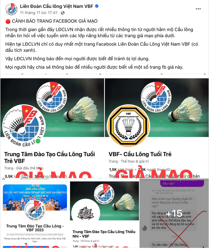 Liên đoàn Cầu lông Việt Nam phát thông báo cảnh báo lừa đảo
