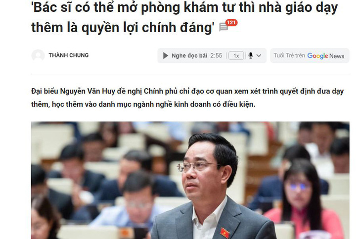 Bản tin trên báo Tuổi Trẻ ngày 20-11 về đề xuất của đại biểu Nguyễn Văn Huy đưa dạy thêm vào danh mục ngành nghề kinh doanh có điều kiện thu hút sự quan tâm của dư luận 
