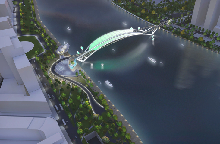 Phối cảnh thiết kế cầu đi bộ qua sông Sài Gòn hình tượng lá dừa nước - Ảnh: Liên danh Chodai - Takashi Niwa Architects và Chodai Kisojiban Việt Nam