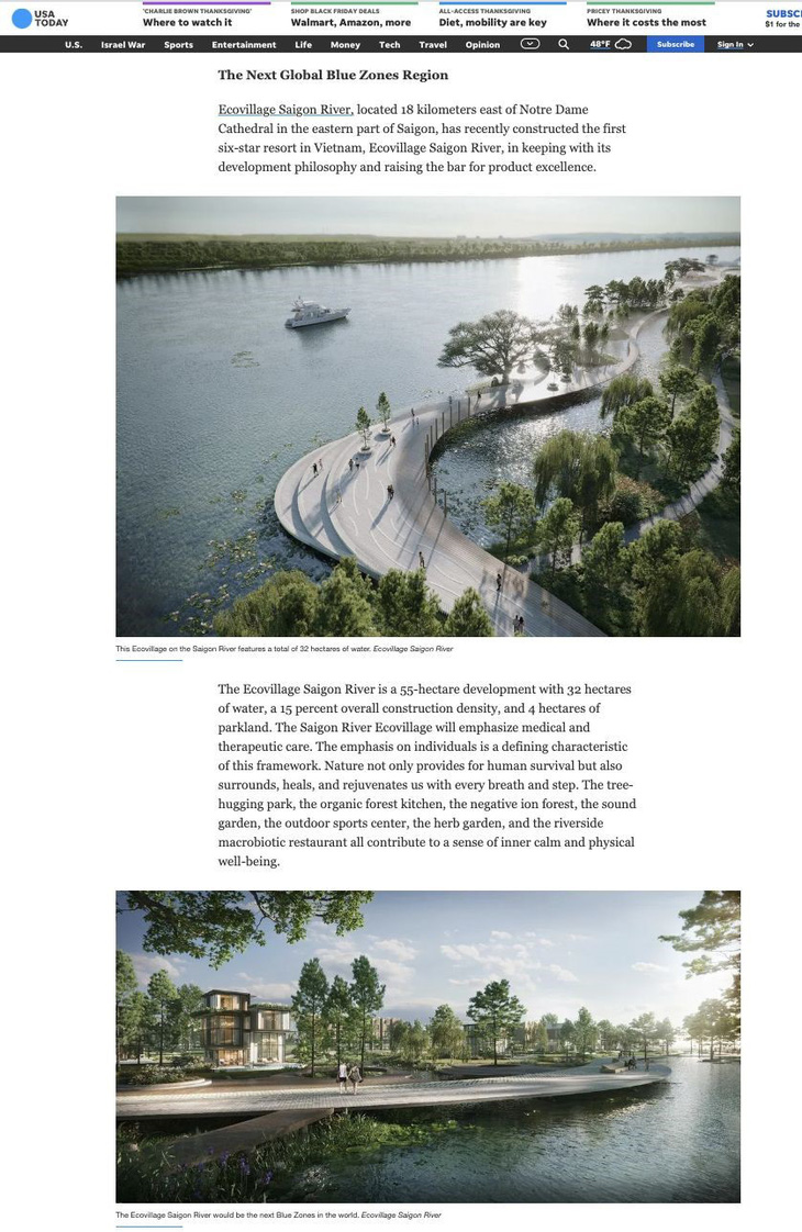 Báo USA Today đưa tin Ecovillage Saigon River trở thành vùng đất Blue Zones tiếp theo trên thế giới