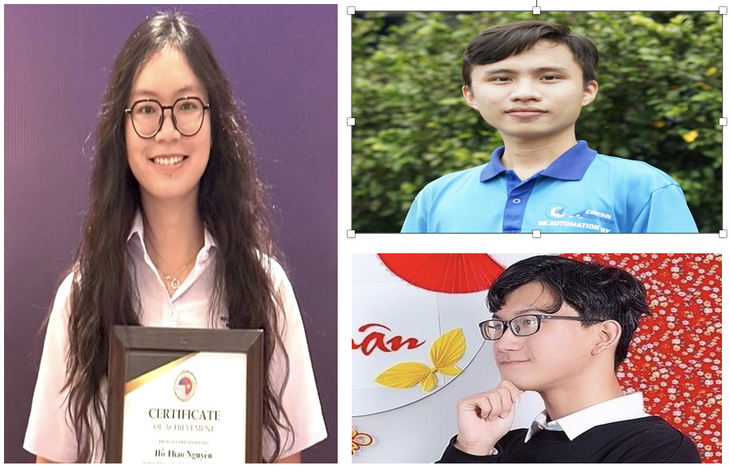 Ba sinh viên xuất sắc tốt nghiệp đợt tháng 11-2023 được Trường đại học Bách khoa (Đại học Quốc gia TP.HCM)  trao tặng cúp toàn năng: Hồ Thảo Nguyên, Trương Công Thành (áo xanh) và Nguyễn Hoàng Trung - Ảnh: NHƯ QUỲNH