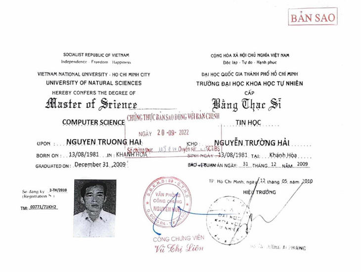Bản sao bằng thạc sĩ Nguyễn Trường Hải nộp trong hồ sơ xin việc tại các trường