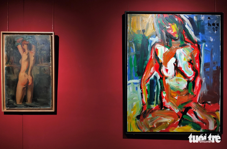 Từ trái sang: Tranh nude của họa sĩ André Favory và seated nude của họa sĩ Trần Lưu Hậu - Ảnh: H.VY