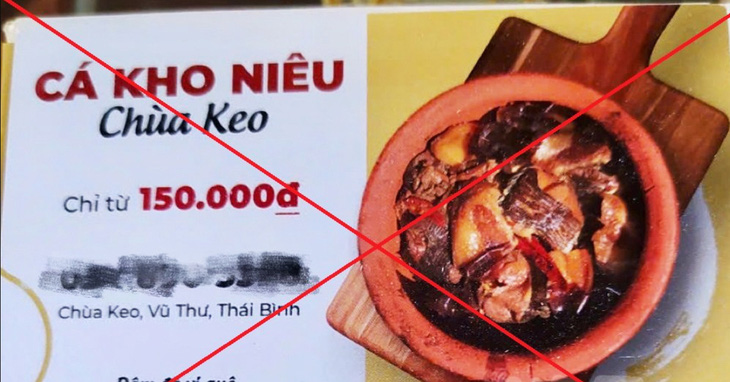 Hình ảnh tấm thẻ in quảng cáo trên mạng xã hội Facebook khiến nhiều người lầm tưởng chùa Keo, Thái Bình sản xuất và kinh doanh... cá kho - Ảnh: TIẾN THẮNG chụp lại
