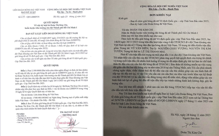Quyết định xử phạt và đơn khiếu nại của HLV Kim Chi - đội nữ TP.HCM I - Ảnh: Chụp màn hình