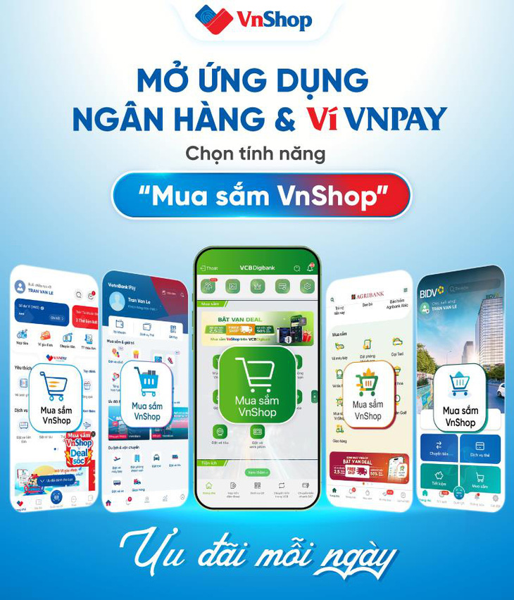 Mua sắm VnShop - Tính năng shopping trực tuyến hàng ‘auth’ duy nhất có sẵn trên các ứng dụng ngân hàng.