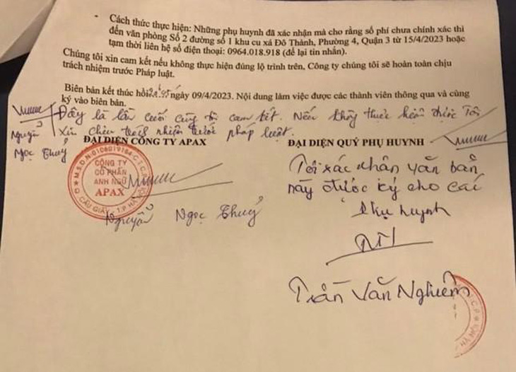 Cam kết trong biên bản vào ngày 9-4-2023 với phụ huynh, Shark Thủy viết tay: "Đây là lần cuối cùng tôi cam kết, nếu không thực hiện được tôi xin chịu trách nhiệm trước pháp luật" - Ảnh: TRỌNG NHÂN