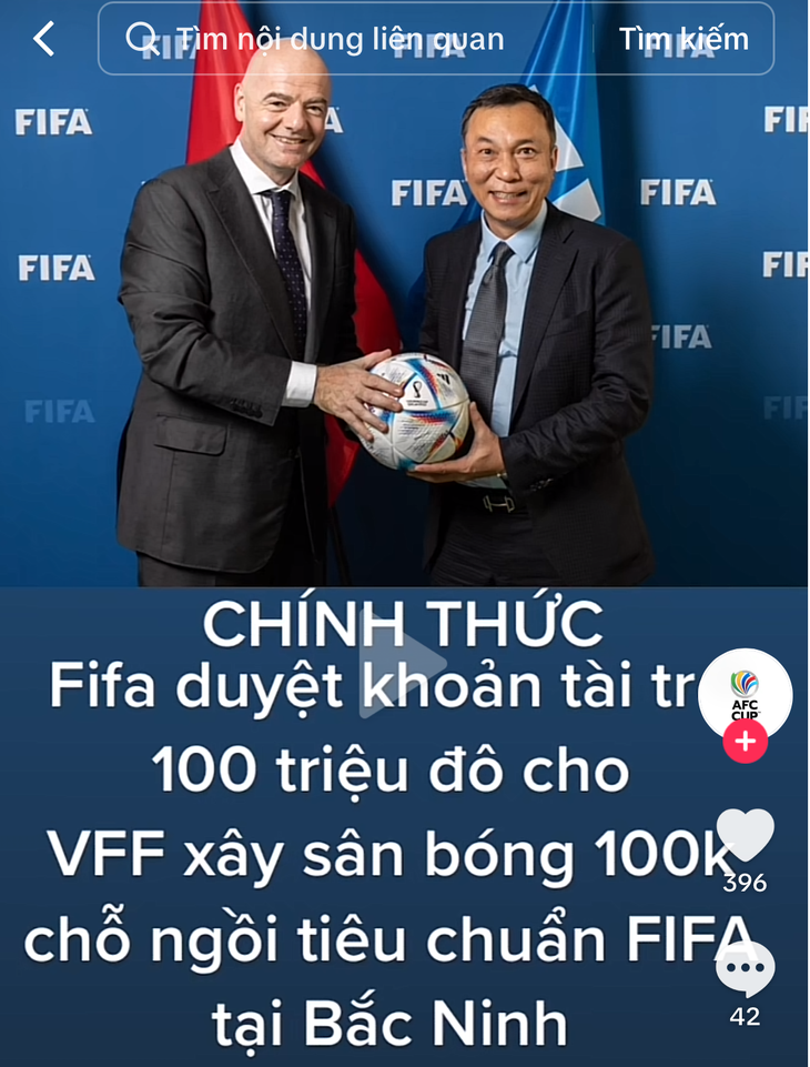Một bản tin trên TikTok nói về việc FIFA tài trợ 100 triệu USD cho VFF xây sân vận động, đưa cả ảnh chủ tịch FIFA và chủ tịch VFF lên - Ảnh chụp màn hình