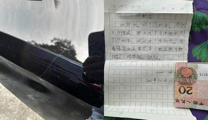 Cậu bé viết thư xin lỗi kèm 50 nhân dân tệ gửi vợ chồng cô Xu khi lỡ làm xước ô tô hôm 26-10. Ảnh Weibo
