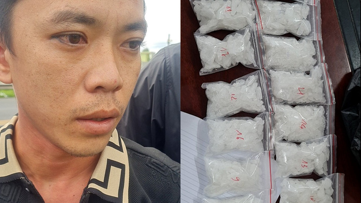 Trương Đức Hơn cùng tang vật là 17 bịch ma túy đá vận chuyển trái phép về Phú Yên - Ảnh: LINH NGUYÊN
