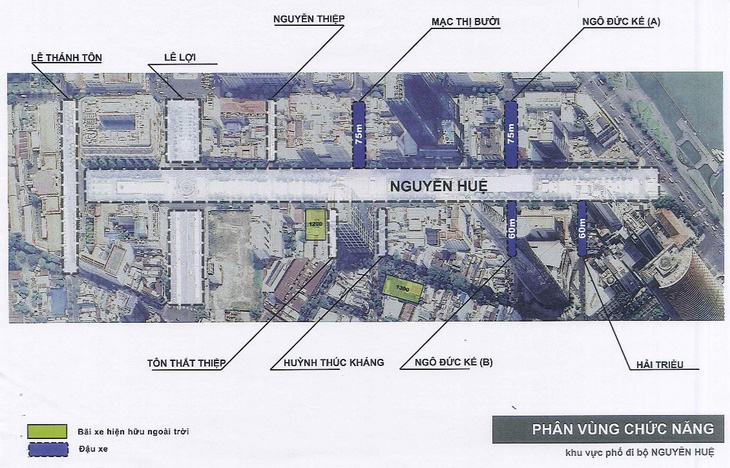 Vị trí đề xuất làm chỗ giữ xe quanh phố đi bộ Nguyễn Huệ - Sơ đồ: UBND quận 1 cung cấp