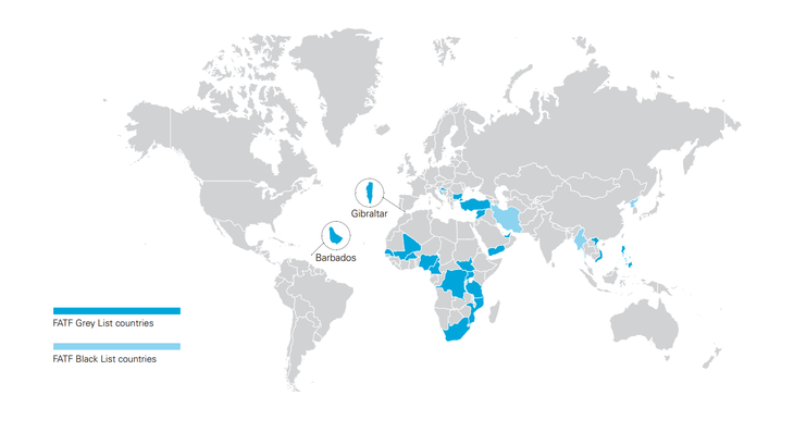 Xanh đậm: các nước trong danh sách xám; xanh nhạt: các nước trong danh sách đen của FATF. Ảnh: FATF