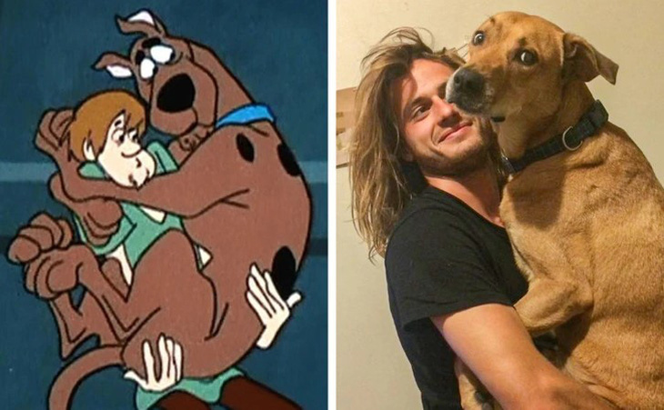 2 nhân vật Shaggy và Scooby trong phim Scooby-Doo, Where Are You! và người dùng tên ariellemonsters chụp cùng chú chó của mình trên reddit.