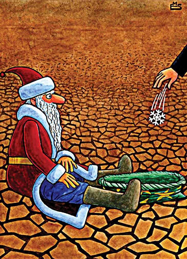 Ông già Noel quyên góp… tuyết cho Trái đất khô hạn - tranh của Makhmud Eshonkulov, họa sĩ Uzbekistan.