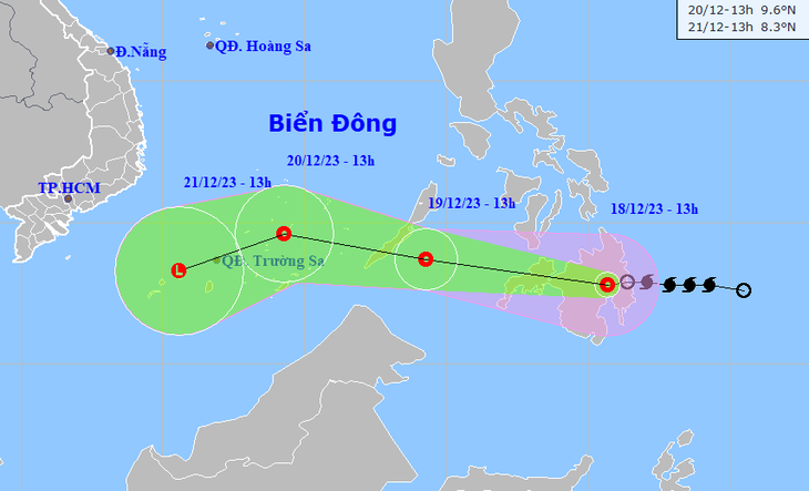 Vị trí và hướng di chuyển áp thấp nhiệt đới lúc 13h chiều 18-12 - Ảnh: NCHMF