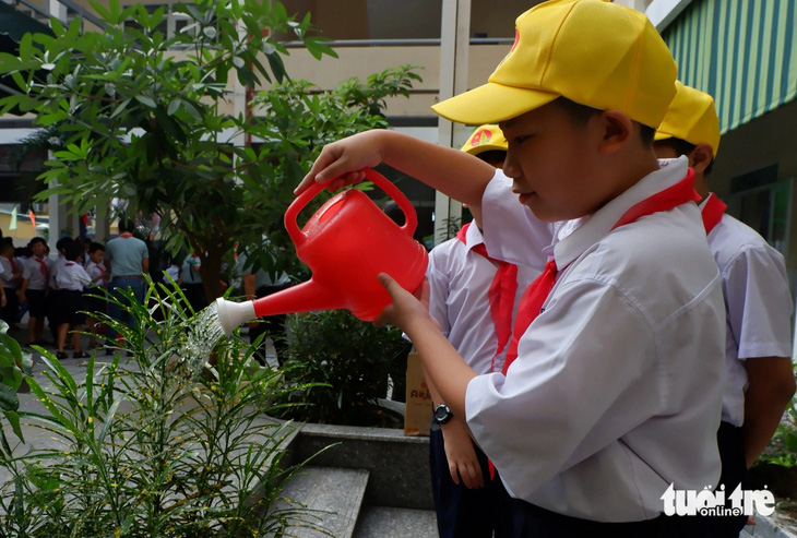 Hưởng ứng phong trào Kế hoạch nhỏ, học sinh còn chăm sóc cây xanh trong khuôn viên trường lớp - Ảnh: K.ANH